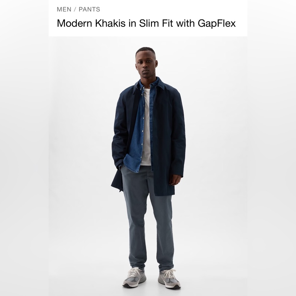 Modern Khakis (slim, “frozen lake”). Brand new and never worn, but tags removed.